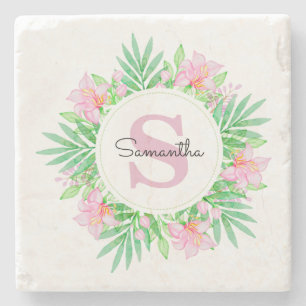 Posavasos De Piedra Monograma floral acuarela rosa