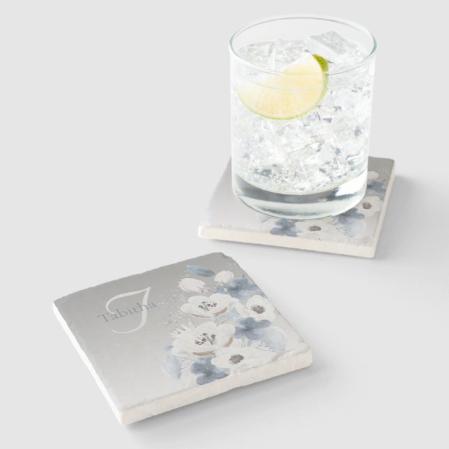 Posavasos De Piedra Monograma floral de acuarela de invierno personali (Lateral)