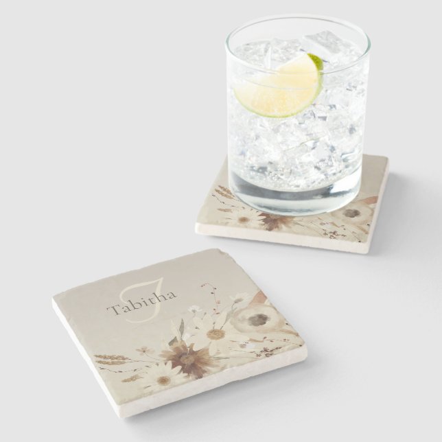 Posavasos De Piedra Monograma floral de acuarela de otoño (Lateral)