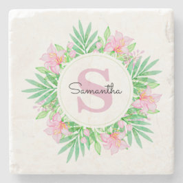Posavasos De Piedra Monograma floral de acuarela rosa