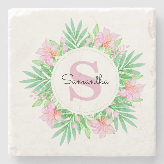 Posavasos De Piedra Monograma floral de acuarela rosa (Anverso)