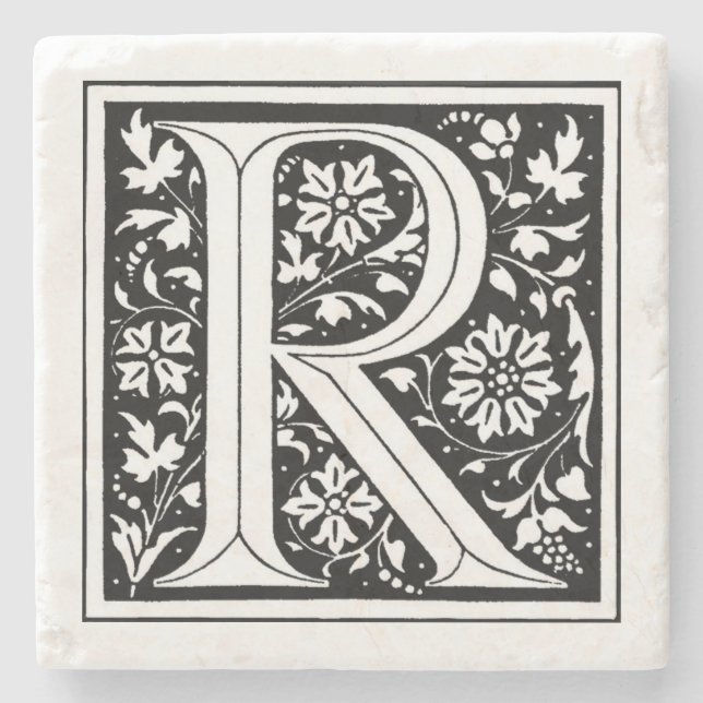 Posavasos De Piedra Monograma Floral de vendimia "R" (Anverso)