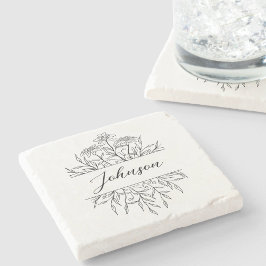 Posavasos De Piedra Monograma Floral Dibujado a Monocromo 