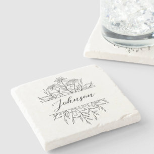 Posavasos De Piedra Monograma Floral Dibujado Monocromo
