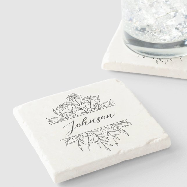 Posavasos De Piedra Monograma Floral Dibujado Monocromo (Subido por el creador)