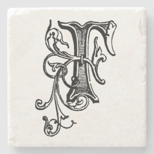 Posavasos De Piedra Monograma floral negro 'F'
