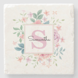 Posavasos De Piedra Monograma floral rosa