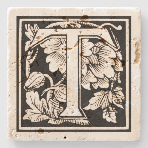 Posavasos De Piedra Monograma floral 'T' en Plaza Sepia