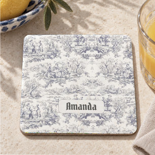 Posavasos De Piedra Monograma floral vintage negro toile de jouy