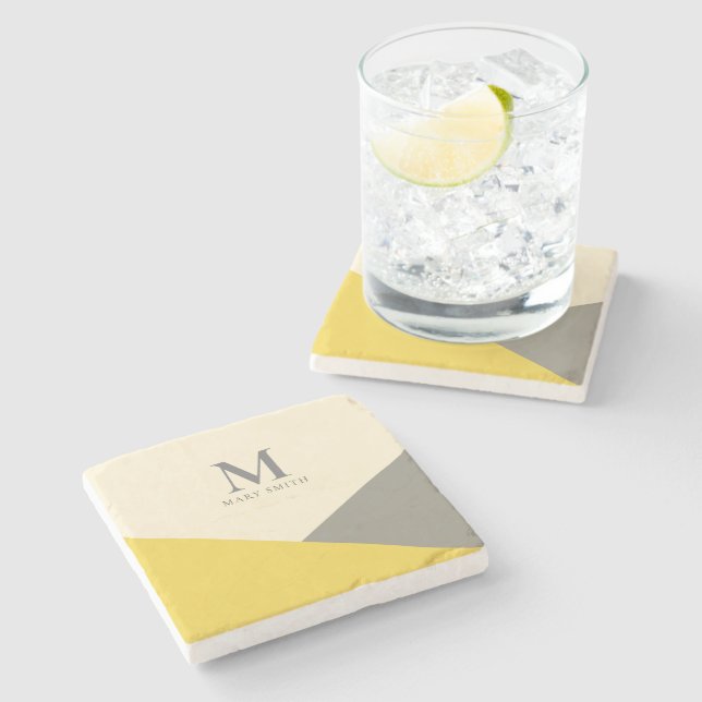 Posavasos De Piedra Monograma geométrico minimalista amarillo y gris (Lateral)