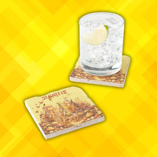 Posavasos De Piedra Monograma Golden Cottage Core en amarillo  