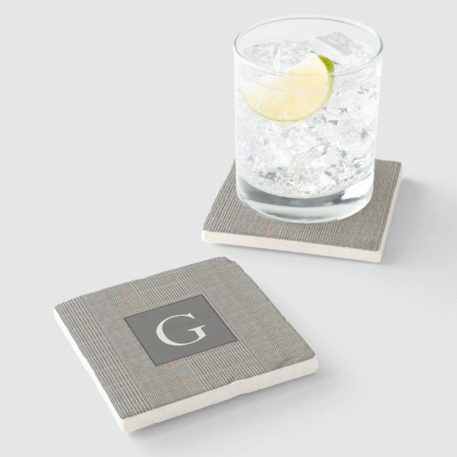 Posavasos De Piedra Monograma Gray Tweed Groomsman Bestman Boda Regalo (Lateral)