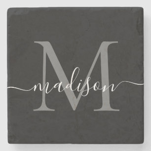 Posavasos De Piedra Monograma gris negro plateado Nombre de script fem