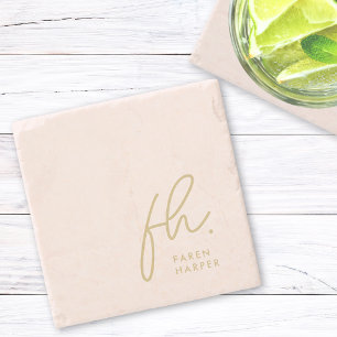 Posavasos De Piedra Monograma Guión Femenino Simple Rubor Oro Rosa