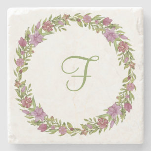 Posavasos De Piedra Monograma Inicial Floral Rosa Purpura Verde 