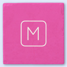 Posavasos De Piedra Monograma inicial simple y moderno | Blanco y rosa