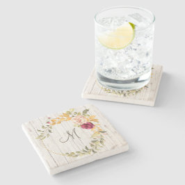 Posavasos De Piedra Monograma maderero con correa de flor Rosa