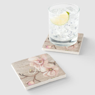 Posavasos De Piedra Monograma maderero con magnolias rosadas