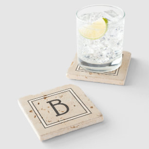 Posavasos De Piedra Monograma Moderno Chic Tan, Negro y Blanco Inicial