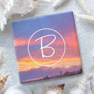 Posavasos De Piedra Monograma Moderno de Nubes Amarillas Rosadas y Azu