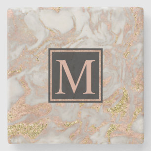 Posavasos De Piedra Monograma moderno Faux Rosa Gold Marble Swirl