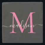 Posavasos De Piedra Monograma moderno negro rosado Nombre de guión fem<br><div class="desc">Elegante magenta negra caliente Monograma rosa caliente guión femenino nombre escayola</div>