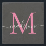 Posavasos De Piedra Monograma moderno negro rosado Nombre de guión fem<br><div class="desc">Elegante magenta negra caliente Monograma rosa caliente guión femenino nombre escayola</div>