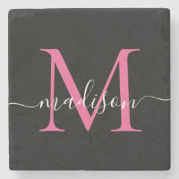 Monograma moderno negro rosado Nombre de guión fem