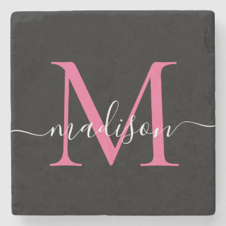 Posavasos De Piedra Monograma moderno negro rosado Nombre de guión fem