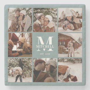 Posavasos De Piedra Monograma moderno Nombre inicial de familia y foto