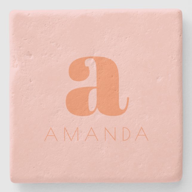 Posavasos De Piedra Monograma moderno rosa claro y Naranja con nombre (Anverso)