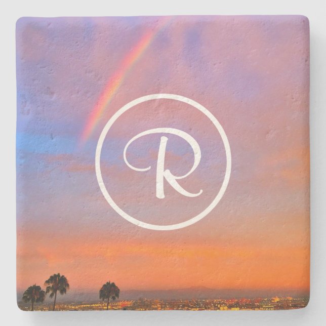 Posavasos De Piedra Monograma Naranja Blue Sunset Rainbow Photo Stylin (Anverso)