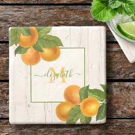 Posavasos De Piedra Monograma naranjas cítricas acuarela madera rústic