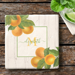 Posavasos De Piedra Monograma naranjas cítricas acuarela madera rústic