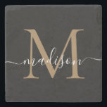 Posavasos De Piedra Monograma negro de oro moderno Nombre de guión fem<br><div class="desc">Elegante Monograma negro dorado Nombre de guión femenino Monstruo de piedra</div>