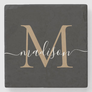 Posavasos De Piedra Monograma negro de oro moderno Nombre de guión fem
