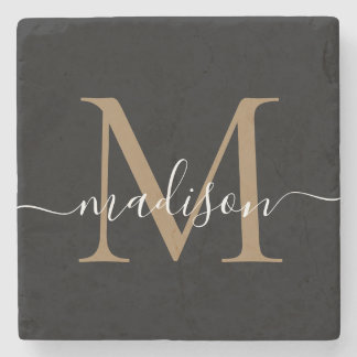 Posavasos De Piedra Monograma negro de oro moderno Nombre de guión fem