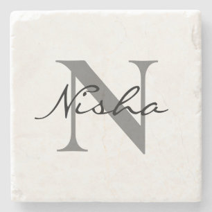 Posavasos De Piedra Monograma Negro Gris Nombre Inicial Script