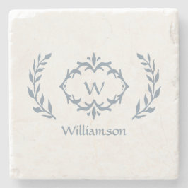 Posavasos De Piedra Monograma Nombre de familia Laurel Wreath Dusty Az