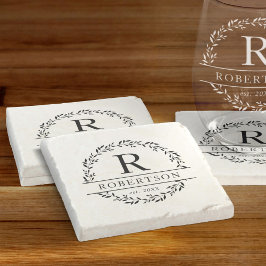 Posavasos De Piedra Monograma Nombre de la guirnalda botánica moderna