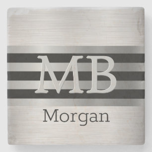 Posavasos De Piedra Monograma/Nombre DIY Bk/Rayas Plateadas Sobre Plat