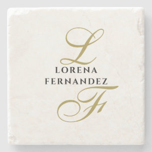 Posavasos De Piedra Monograma Oro Neutral Nombre Negro Elegante Mínimo