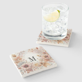 Posavasos De Piedra Monograma Otoño hojas y flores acuarela 