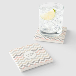 Posavasos De Piedra Monograma Pastel Herringbone Personalizado