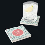 Posavasos De Piedra Monograma Patrón de hojas brillantes<br><div class="desc">Diseño de un patrón de monograma caprichoso y jovial con hojas en tonos turquesa pálido,  verde azulado y rojo coral con una elegante pancarta en rojo coral y blanco para personalizar con sus iniciales de monograma. 15 cps</div>