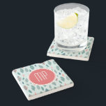 Posavasos De Piedra Monograma Patrón de hojas brillantes<br><div class="desc">Diseño de un patrón de monograma caprichoso y jovial con hojas en tonos turquesa pálido,  verde azulado y rojo coral con una elegante pancarta en rojo coral y blanco para personalizar con sus iniciales de monograma. 15 cps</div>