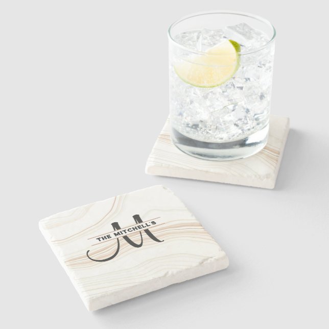 Posavasos De Piedra Monograma personalizado blanco de mármol de Carrar (Lateral)