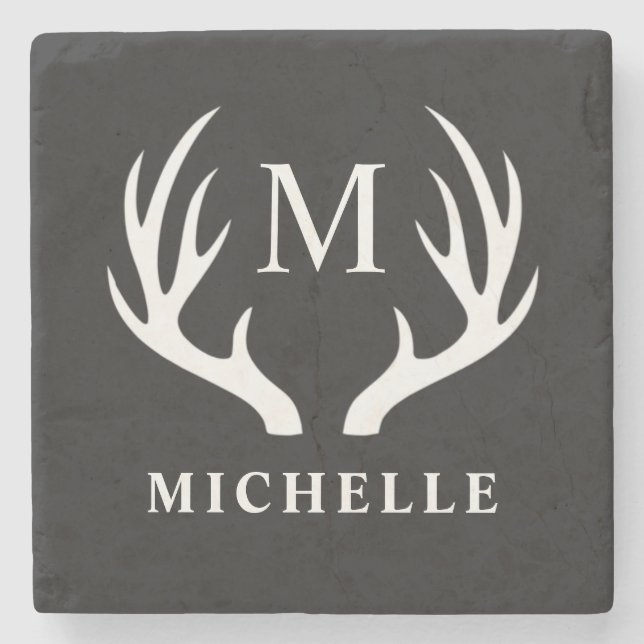 Posavasos De Piedra Monograma personalizado con Antler de venado blanc (Anverso)