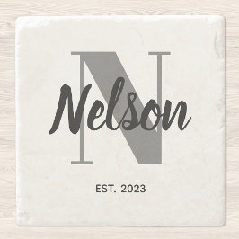 Posavasos De Piedra Monograma personalizado de familia gris y negro
