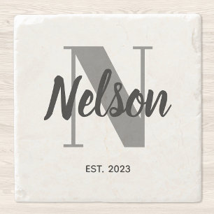 Posavasos De Piedra Monograma personalizado de familia gris y negro